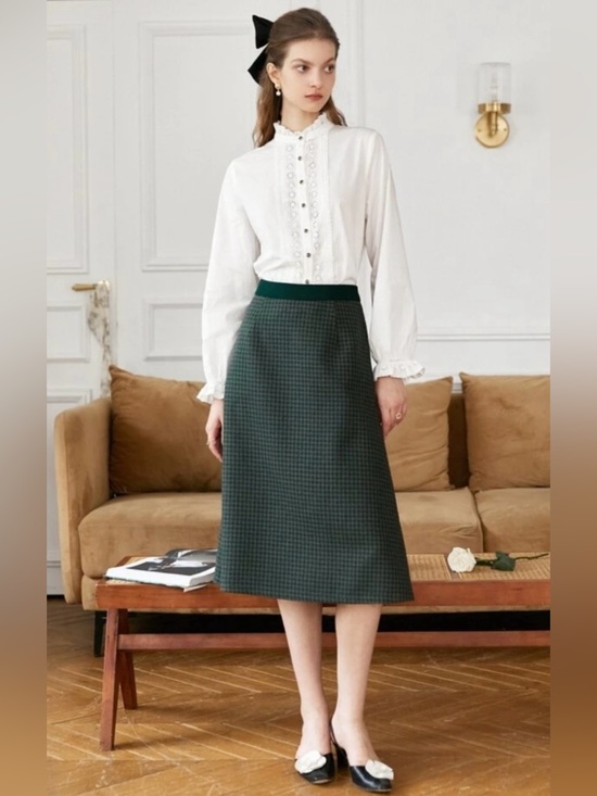 Simple Retro Dresses & Skirts - Simple Retro Vintage - Inspired Green Houndstooth A-Line Women Skirt - Size S